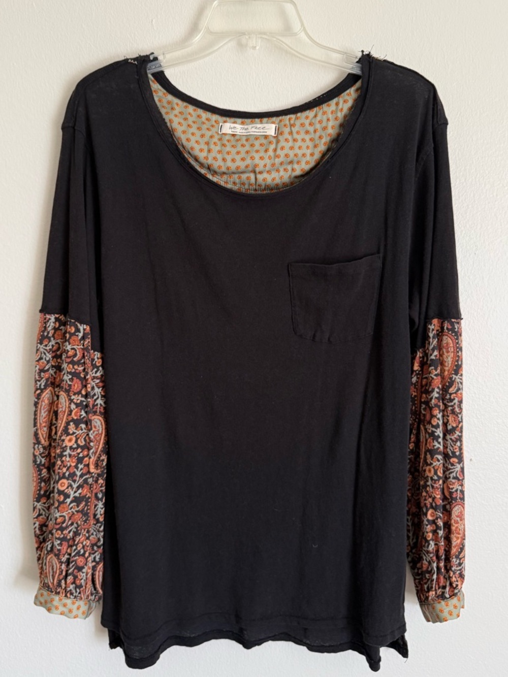 We The Free Black Jade Long Sleeve Top Faux Layered Paisley Sleeves Oversized S - Picture 2 of 8